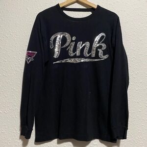 PINK Victoria's Secret Black Long Sleeve Sequin Logo Cutout Back Top XS